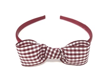 Burgundy Gingham Bow Headband – Handmade Ribbon Hair Band – Wide Classic School Girl Bow – School Uniform Hair Accessory