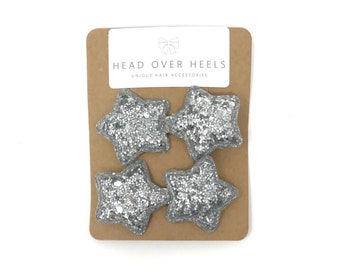 Silver Star Hair Clips - Set of 2 Silver Glitter Star Hair Clips