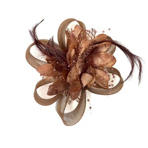 May include: A brown floral hair accessory with a flower-like design. The accessory features brown feathers, leaves, and mesh, with a ribbon-like border. Small pink beads are scattered throughout the design. Set against a white background.