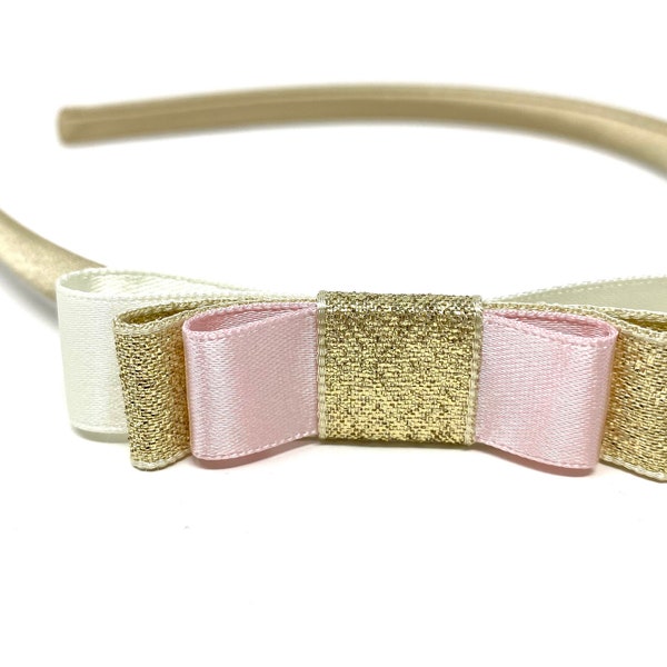 Ivory Pink & Gold Girls Bow Hairband