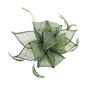 May include: A green mesh bow with feathers. The bow is made of a fine, delicate mesh fabric and is accented with green feathers.