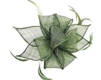 Khaki Green Fascinator Hat, Feather Headpiece for Weddings, Races & Ascot, Ladies Day Hair Clip or Headband, Wedding Guest Accessory