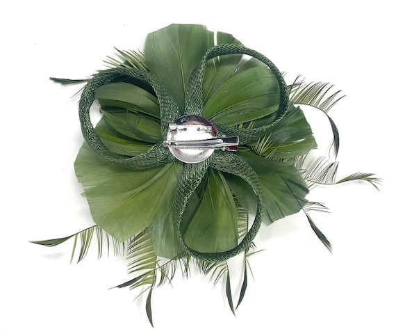 Olive green  Feather Fascinator Hair Clip. Handmade in USA Dark and Olive Green Feather Clip: Handmade | Feather Planet main image 3