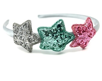 Silver Satin Hairband Sparkle Glitter Stars