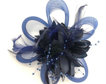 Navy Blue Feather Fascinator Hair Clip