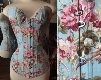 Cotton Overbust Corset inspired by Cinderella, Blue corset, Waist Training, Corsetry, Cosplay, Rococo style, rose, pink corset, flower