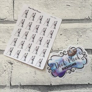 May include: A sheet of stickers with bride and groom illustrations, the text "Dook Plook Designs" and "DPD-686". A separate sticker with a sloth and the text "Nook Plook Designs" is also visible. The stickers are on a white brick background.
