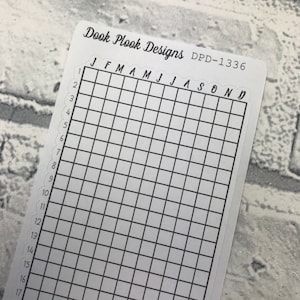 May include: A blank monthly calendar tracker with 17 rows and 12 columns. The months of the year are labeled across the top: January, February, March, April, May, June, July, August, September, October, November, and December. The numbers 1 through 17 are listed down the left side.
