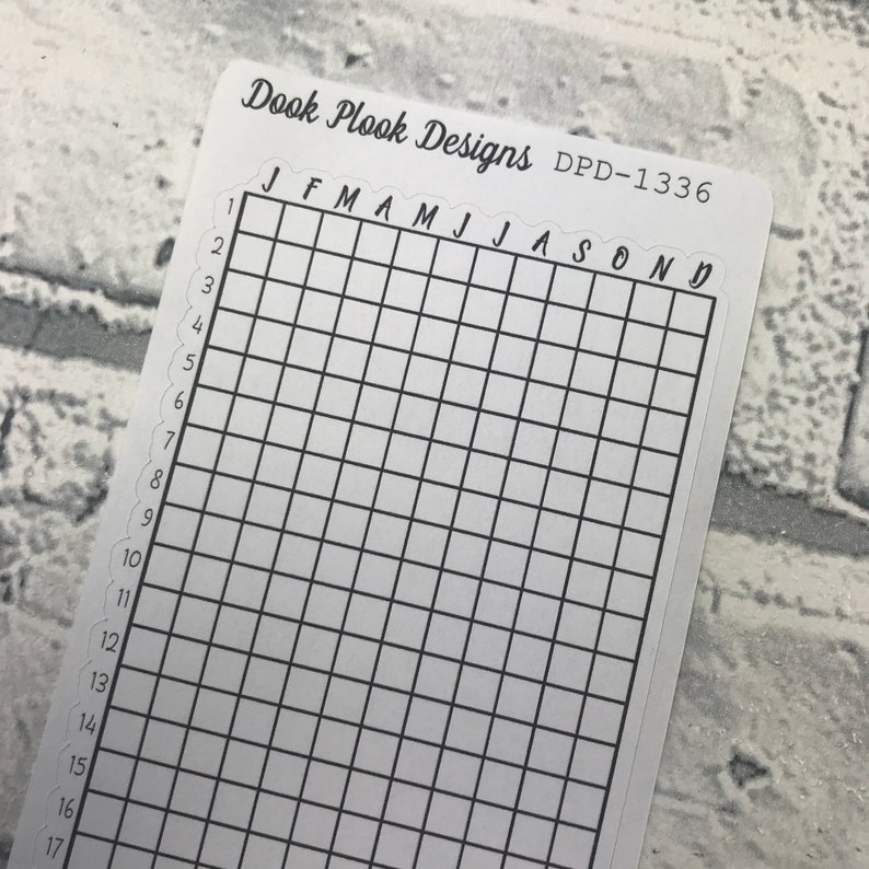 May include: A blank monthly calendar tracker with 17 rows and 12 columns. The months of the year are labeled across the top: January, February, March, April, May, June, July, August, September, October, November, and December. The numbers 1 through 17 are listed down the left side.