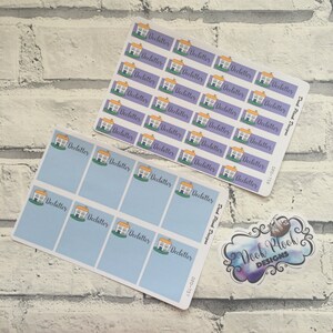 May include: Two sticker sheets with a house graphic and the word "Declutter" in a handwritten font. One sheet has a purple background, the other is light blue. A logo sticker is in the bottom right corner.