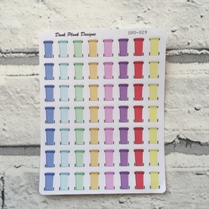 May include: A sheet of 48 colorful bin stickers. The stickers are in six colors: blue, light blue, green, yellow, pink, and purple. Each sticker features a cartoon illustration of a bin with wheels. The sheet is labeled "Dook Plook Designs" and "DPD-029".