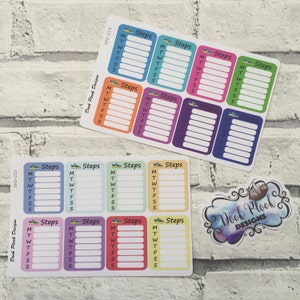 May include: A sheet of colourful stickers with a running shoe graphic and the word "Steps" printed on each sticker. The stickers are designed for use in a planner or journal to track daily steps.