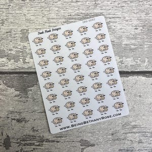 May include: A sheet of 50 white sheep stickers with black outlines. The stickers are approximately 1 inch in diameter. The sheet has the text "Dook Ploak Designs" and "www.beingbethanyrose.com" printed on it.