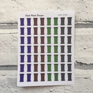 May include: A sheet of stickers featuring 48 different colored trash cans. The stickers are arranged in four rows of 12. The trash cans are purple, brown, green, and gray.