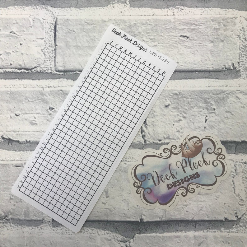May include: A white printable planner sheet with a grid layout and the months of the year listed across the top. The sheet is labeled "Dook Nook Designs" and "DPP-1336".