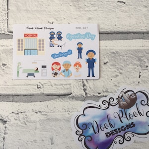 May include: A set of hospital themed stickers featuring a hospital building, a patient in a hospital bed, a doctor and nurses, and the text "Operation Day" and "Discharged!"