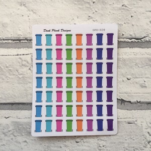 May include: A sheet of 48 colorful trash can stickers. The stickers are arranged in rows of 6, with each row featuring a different color: blue, teal, pink, green, orange, purple, and dark purple. The stickers are labeled "DPD-028" and "Dook Plook Designs".