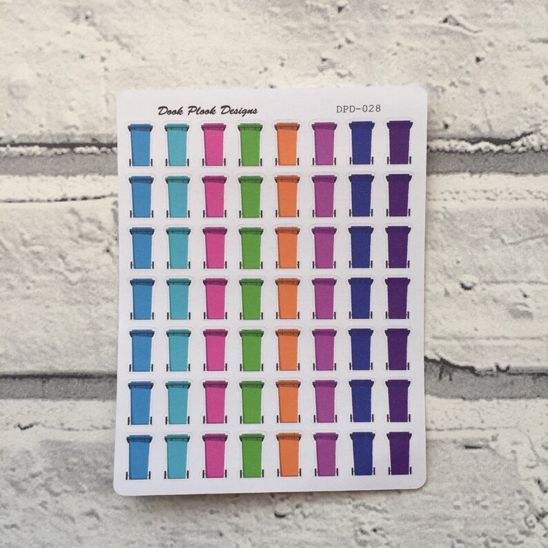 May include: A sheet of 48 colorful trash can stickers. The stickers are arranged in rows of 6, with each row featuring a different color: blue, teal, pink, green, orange, purple, and dark purple. The stickers are labeled "DPD-028" and "Dook Plook Designs".