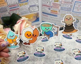 Whimsical Character Vinyl Stickers, Meditating Rock, Breakfast, Splash