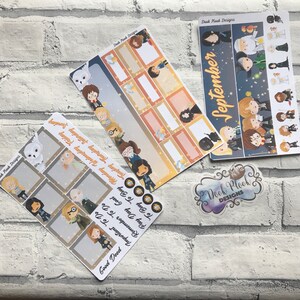 May include: A set of Harry Potter themed planner stickers featuring characters from the books and films. The stickers are on a white background with gold accents. The stickers include a calendar for September, a set of daily boxes, and a set of smaller stickers with various characters and quotes.