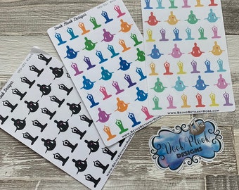 May include: Three sheets of stickers featuring a person in a yoga pose. The stickers are in black, bold colors, and pastel colors. The stickers are labeled "Dook Plook Designs" and have the website address "www.beingbethanyrose.com".