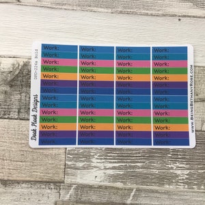 Op de afbeelding: Een vel met kleurrijke planner stickers met het woord "Work:" herhaald op elke sticker. De stickers zijn in blauw, roze, groen, oranje en paars.