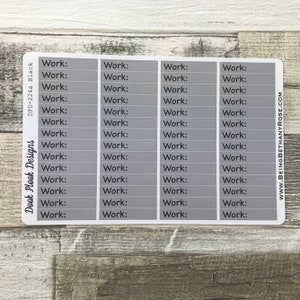 Op de afbeelding: Een vel grijze planner stickers met het woord "Werk:" 20 keer herhaald. De stickers zijn ontworpen voor gebruik in een planner of dagboek.