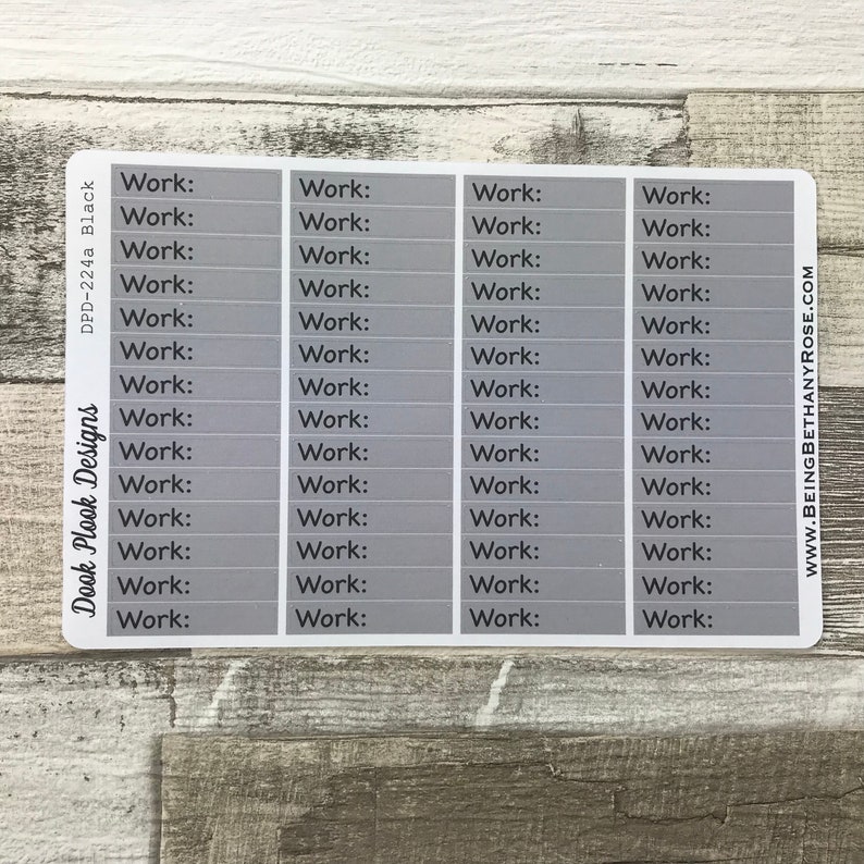 Op de afbeelding: Een vel grijze planner stickers met het woord "Werk:" 20 keer herhaald. De stickers zijn ontworpen voor gebruik in een planner of dagboek.