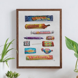 Retro Irish and British sweeties watercolour illustration from the 1980s and 1990s digital print artwork