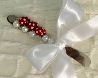 Stainless Steel Red & White Polka Dot Jeweled Cheese / Butter Spreader  / Knife. Hostess gift. Great for Christmas and Summer!!! Fun Gift