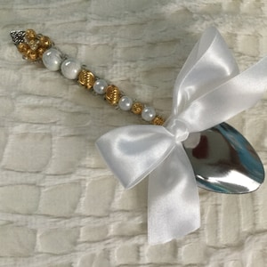Pearl and Gold Beaded Jeweled Stainless Steel Serving Spoon. Holiday Christmas and Formal Buffet Serving Utensil. 7 1/2 inches.,
