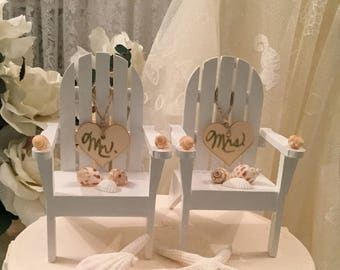 Beach Wedding Cake Topper, Rustic Beach Cake Topper, Wooden Heart Cake Topper, Adirondack Seashell Chair Cake Topper, Bridal Shower Cake,