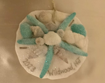 Wildwood, New Jersey Sea Shell Christmas Ornament w/ Opalescent Shimmer Sand Dollar Starfish Natural Shells, Coastal / Beach Hanging Decor