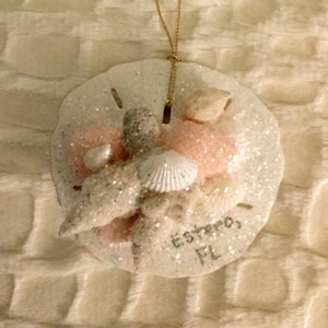 Estero Florida Seashell Sand Dollar Christmas Ornament, Personalized Ornament, Beach Wedding Favors, Coastal and Beach Wall Hanging.