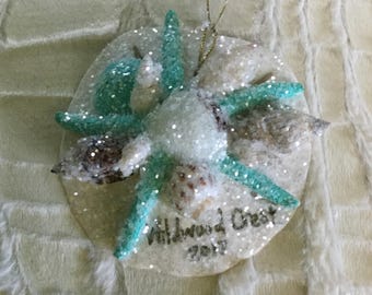Wildwood Crest, New Jersey Shell Christmas Ornament w/ Opalescent Shimmer Sand Dollar Starfish Natural Shells, Coastal / Beach Hanging Decor