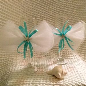 Beach Wedding Champagne Flutes, Starfish Champagne Glasses, Turquoise Champagne Flutes, Turquoise Beach Wedding Flutes, Beach Decor