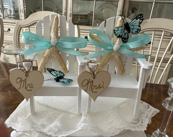 Butterfly Wedding Cake Topper, Beach and Butterfly Wedding Cake Topper, Beach Chair Cake Topper with Butterflies, Blue Shell Cake Topper