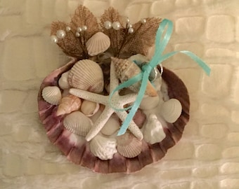 Beach Wedding Ring Pillow. Seashell Ring Bearer Holder, Beach Ring Bearer Holder, Beach Wedding, Shell Ring Box, Turquoise Beach Wedding
