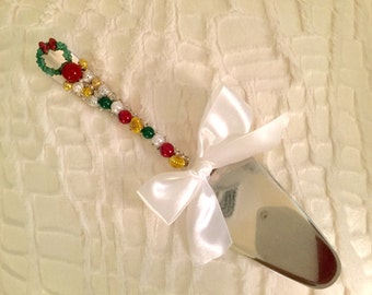 Christmas Holiday Jeweled Beaded Stainless Steel Cake/Pie Server. Festive, Bright and Beautiful. Christmas Hostess Gift. Holiday Gift.