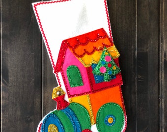 Completed Vintage Bucilla Sequin and Felt Christmas Stocking