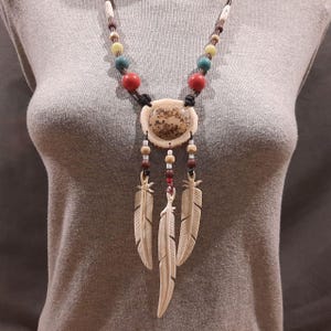 Carved Antler Necklace Feathers- Large Jasper Gemstone Deer Antler Pendant - Southwestern Jewelry- Unisex Deer Horn Pagan Pendant