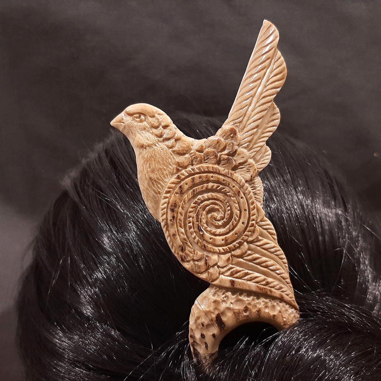 Hand Carved Antler Hair Fork: Bird & Spiral Design - Boho  display picture 3