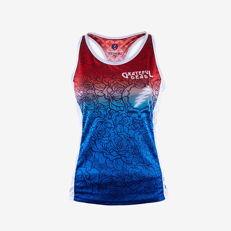 May include: A white tank top with a red, orange, and blue ombre design featuring a rose pattern and the text "GRATEFUL DEAD" with a skull and lightning bolt graphic.