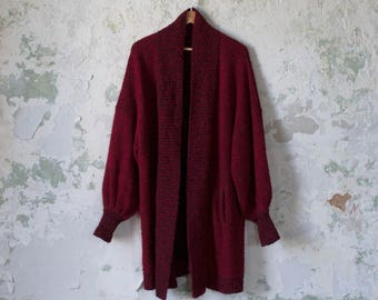 Vintage Duster - 80s Long Sweater - Nubby Cardigan Red Black Oversized