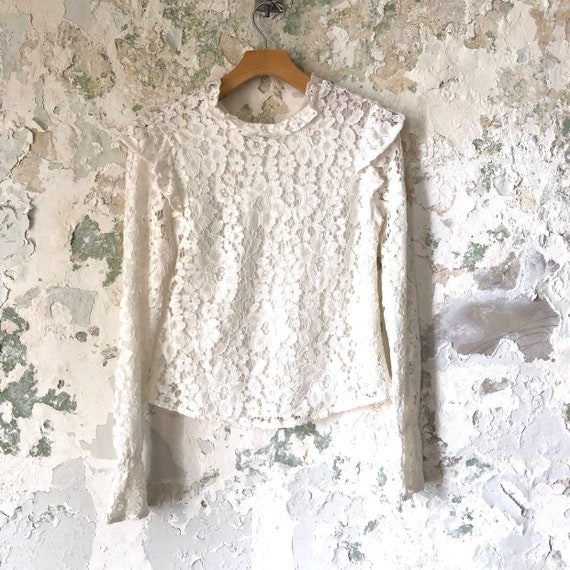 Vintage White Lace Blouse - 1970s 70s Lace Top Shi