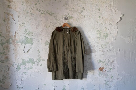 Vintage Army Green Jacket with Hood - Faux Fur - 7