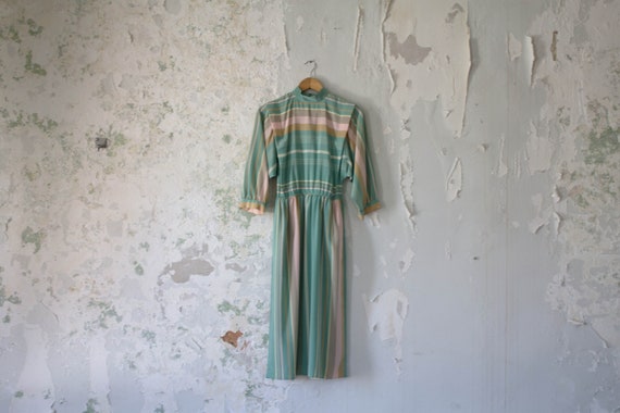 Vintage Pastel Dress - 1980s 80s Striped Dress Pin