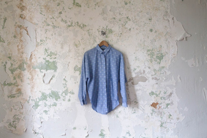 1980s 80s Blue White Button Up Shirt Geometric Preppy Small Medium Vintage Oxford Shirt