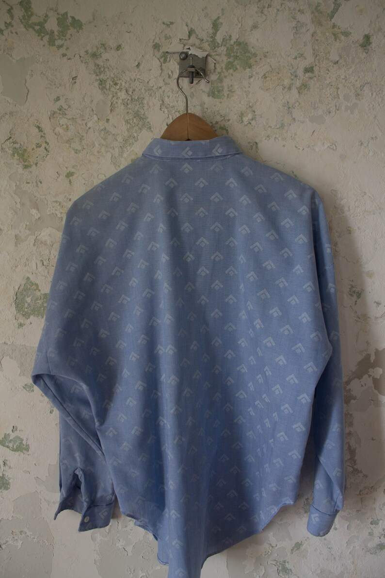 1980s 80s Blue White Button Up Shirt Geometric Preppy Small Medium Vintage Oxford Shirt