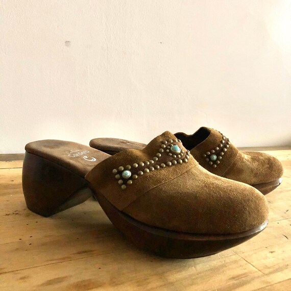 Vintage Leather Suede Clogs Slides Wooden Mules Pl